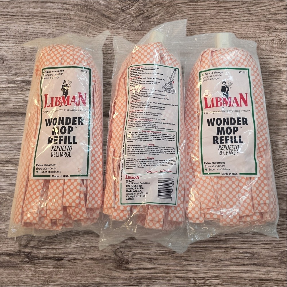 Vintage‎ 2000-3 Pack Libman Wonder Mop Refill Machine Washable NEW